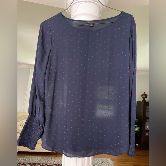 Ann Tylor women’s Navy Blue Red polkadot long sleeve round neck size large. - Picture 1 of 5